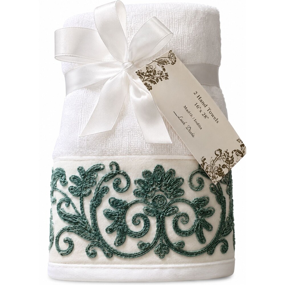Nantucket Hand Towels Set of 2 White Sage Green Embroidered Holiday Bathroom